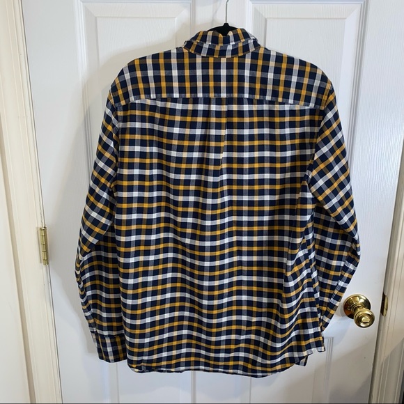 J.CREW NAVY AND YELLOW PLAID FLEX SLIM OXFORD BUTTON DOWN SHIRT SIZE MEDIUM - Picture 2 of 4